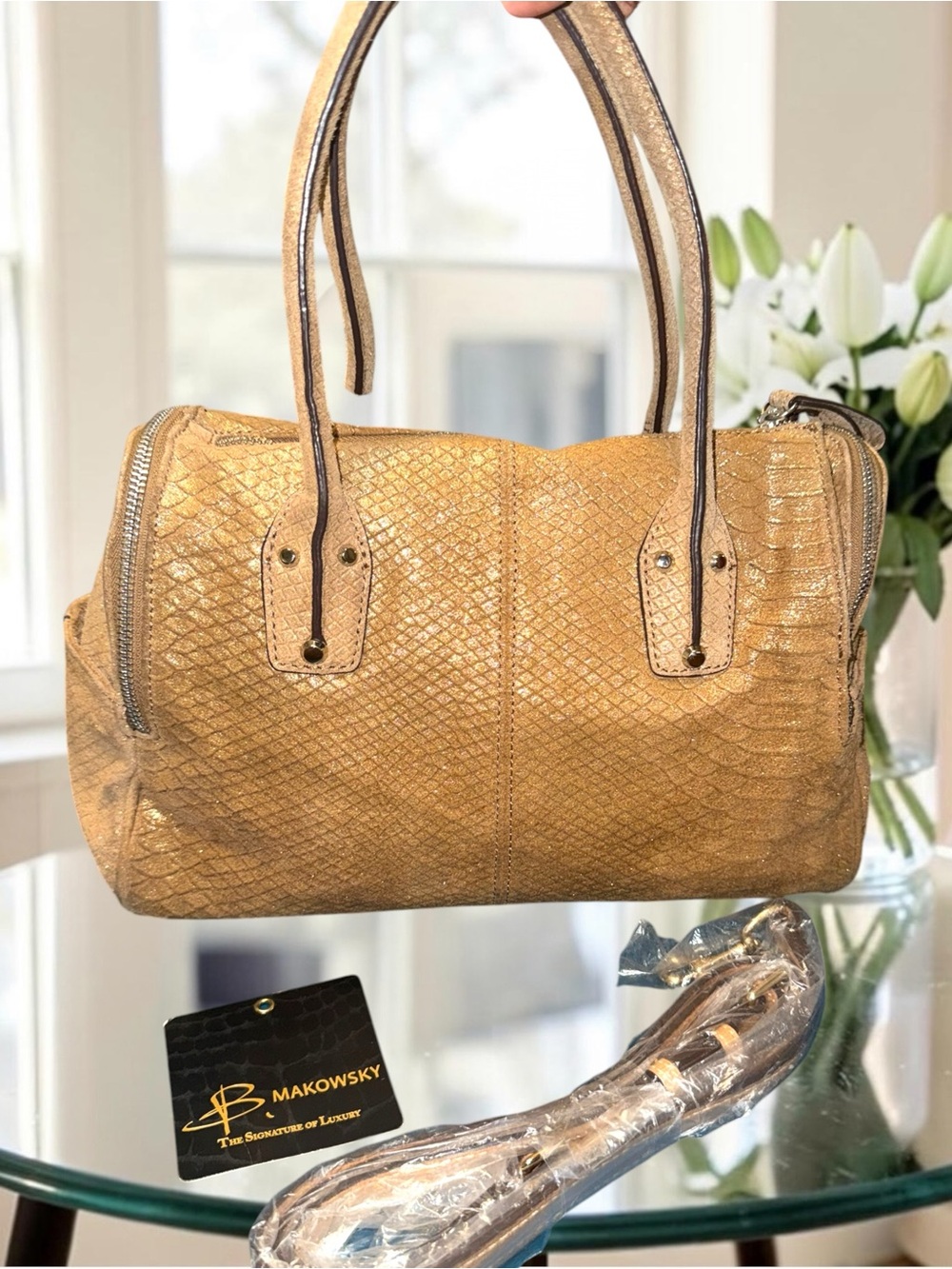 B. Makowsky Whitney Gold Shimmer Snakeskin Embossed Leather Satchel Bag - Picture 4 of 12